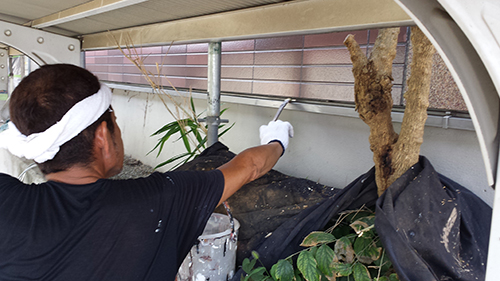 Man wearing a white headband and gloves, kneeling under a raised shelter, scraping along a metal rail beside potted plants.