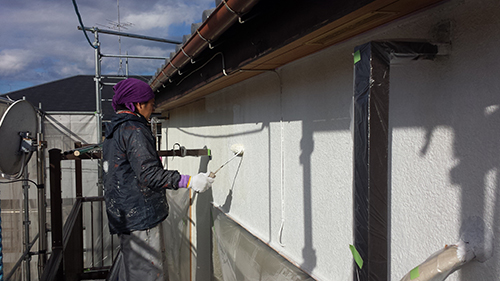 Worker on scaffolding painting exterior wall with a roller; wearing purple hat and dark jacket.