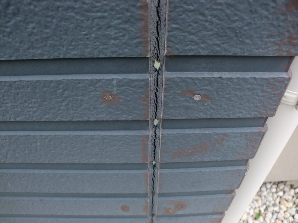 Close-up of a vertical crack between blue exterior siding panels, with small green growth and rust spots nearby.