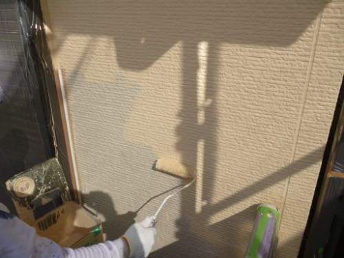 Person wearing a glove paints a beige exterior wall with a roller; scaffold shadows loom on the wall.