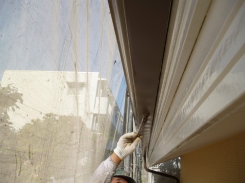 Worker wearing a glove paints the exterior wall along a building under the eaves using a roller attached to a long handle.