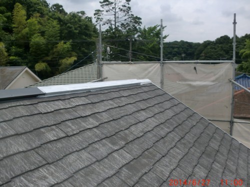 Sloped roof with gray slate tiles under construction; scaffolding and protective beige sheeting visible in the background, with trees beyond.
