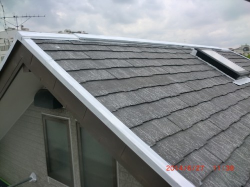 Sloped gray shingle roof with a rectangular skylight and white trim, seen from above, with a windowed wall on the left and cloudy sky in the background.