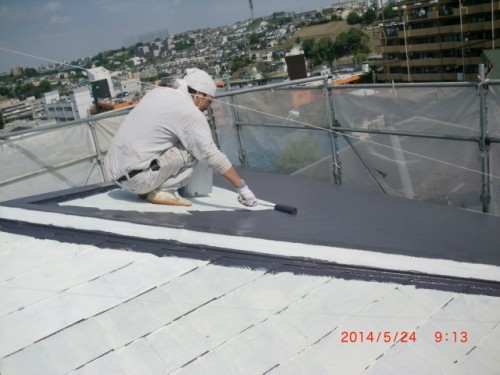 Construction worker kneeling on a flat roof, applying black waterproof coating with a roller, city skyline in the background.