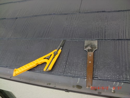 Yellow utility knife and a metal putty knife resting on dark roof shingles after rain.