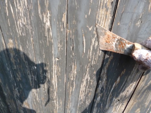 Weathered gray wooden door with peeling paint and a rusty metal latch; a photographer's shadow appears on the left side.