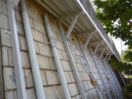Exterior wall of a building with a leaning metal ladder, pipes, and scaffolding braces; tree branches visible on the right.