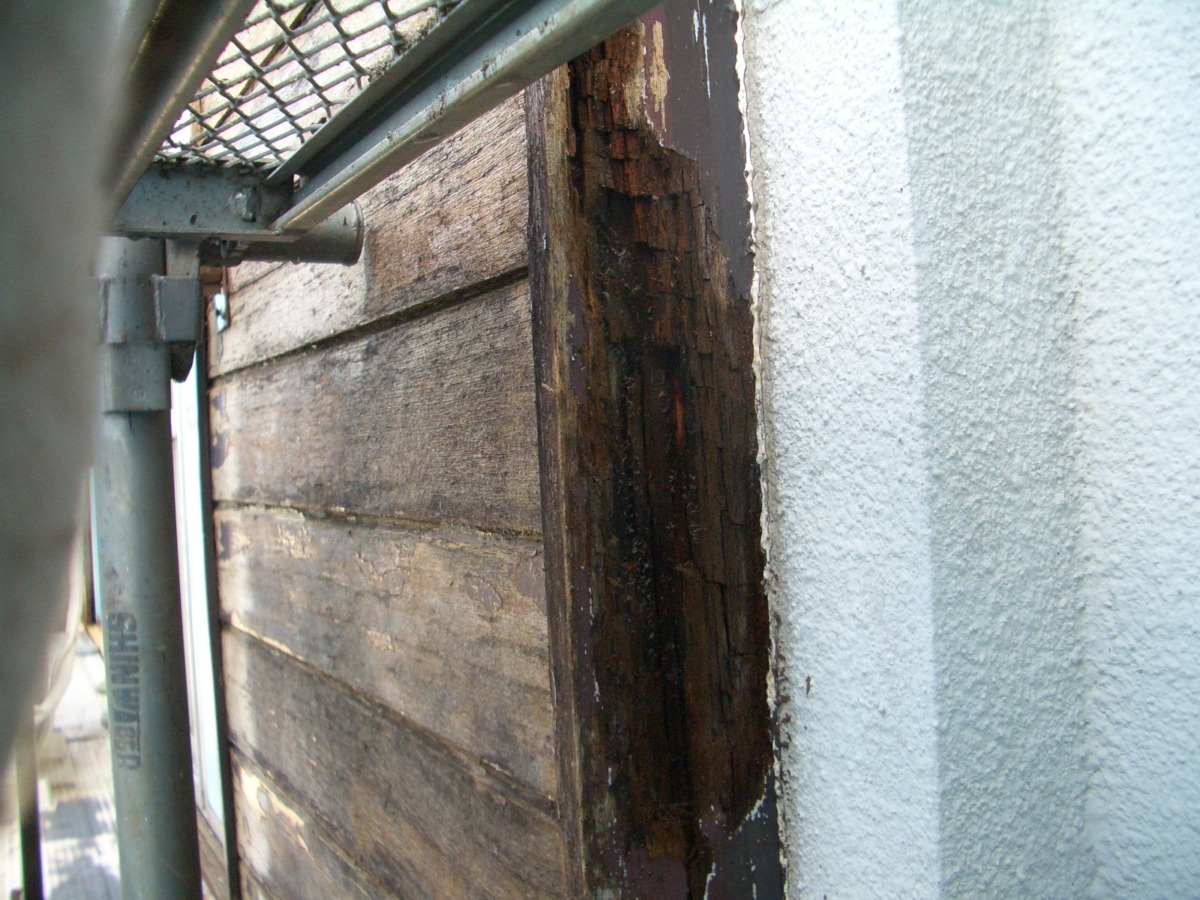 Close-up of a weathered wooden wall with rotted, peeling wood between a metal railing and a blue textured wall.