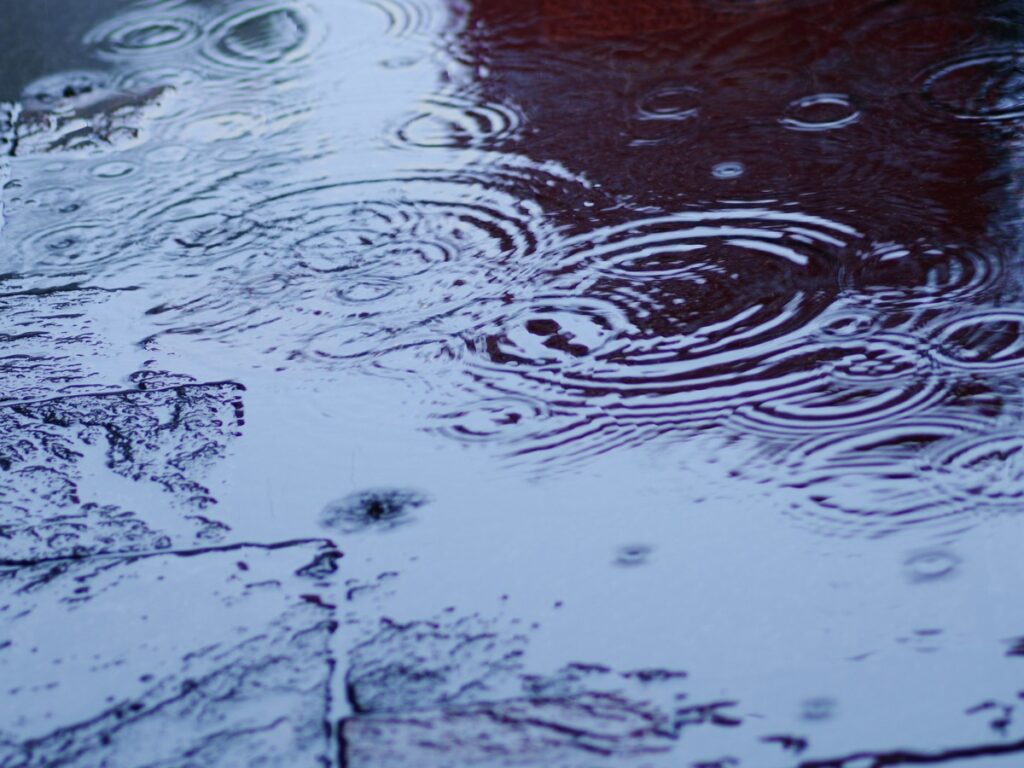 Puddle on a wet pavement with concentric ripples from falling raindrops on a blue-toned surface
