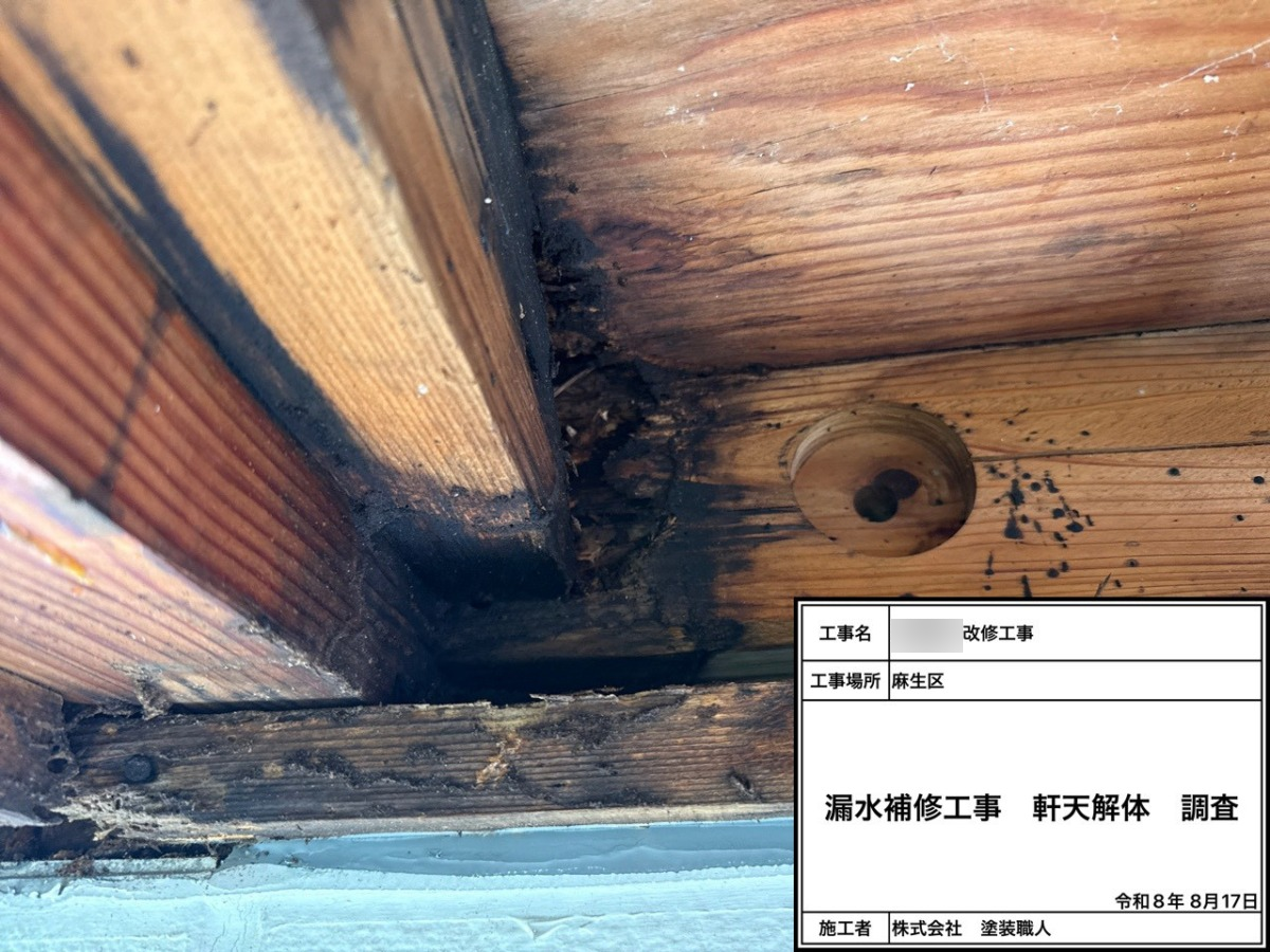 漏水補修工事：軒天解体　調査②
