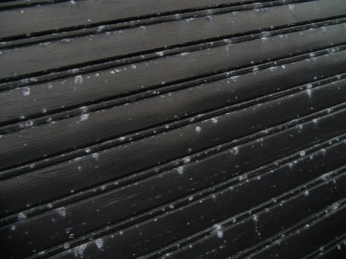 Close-up of a dark slatted surface with small white specks scattered across the planks.