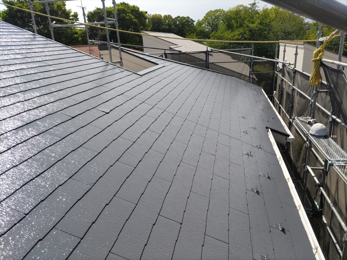 Sloped dark gray slate roof under construction with scaffolding and safety ropes, trees in the background.