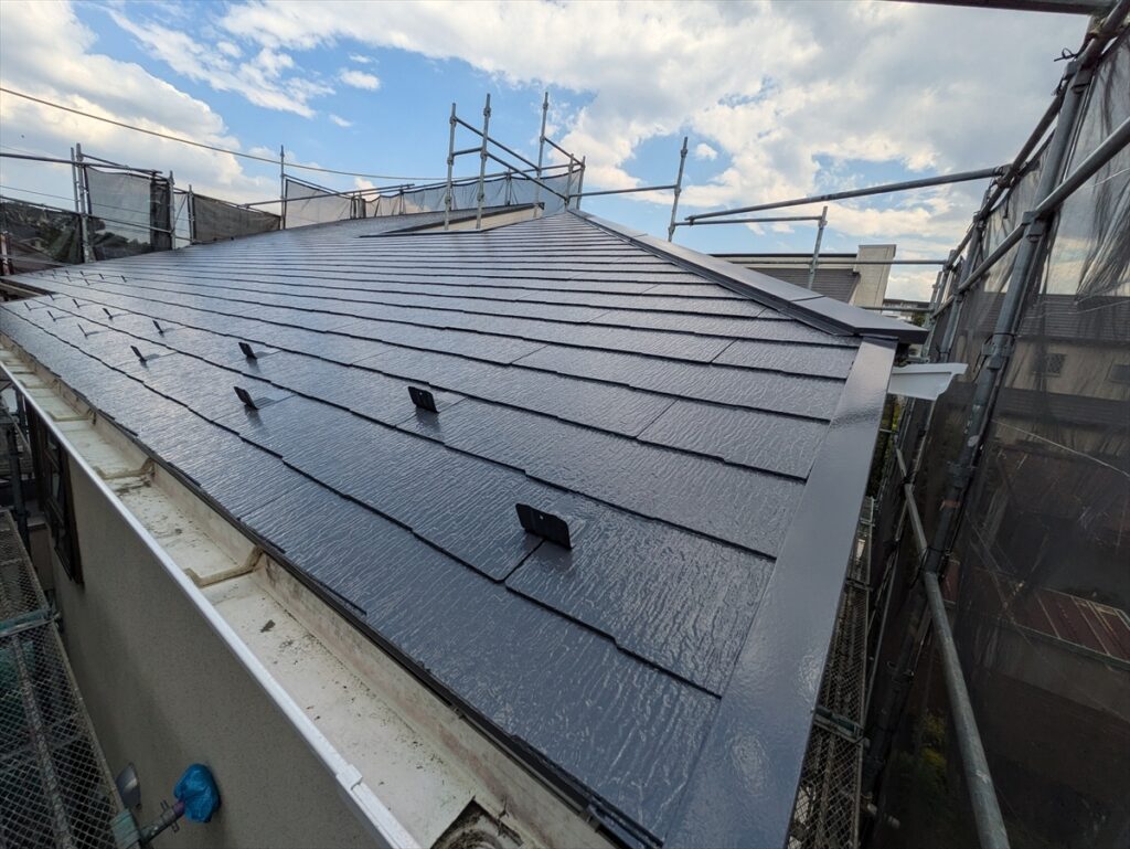 濃色の屋根面に並ぶ雪止めと軒先